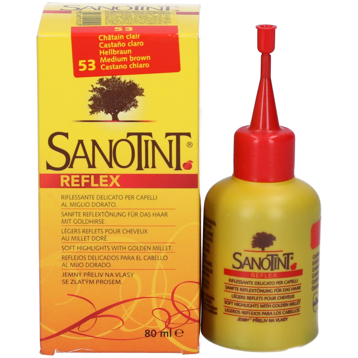 Flacone giallo con applicatore rosso e scatola gialla. Scritta: Sanotint Reflex. Tonalità 53, Castano chiaro/Hellbraun. 80ml.
