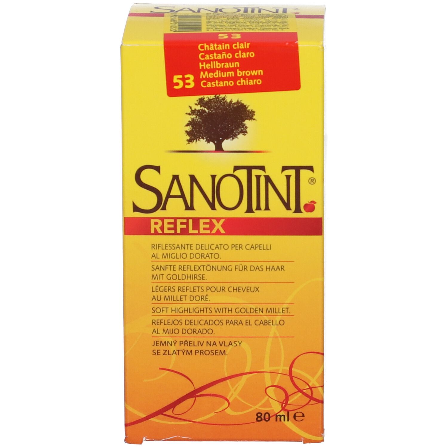 Scatola gialla con informazioni sul prodotto. Scritta: Sanotint Reflex. Tonalità 53, Castano chiaro/Hellbraun. 80ml.