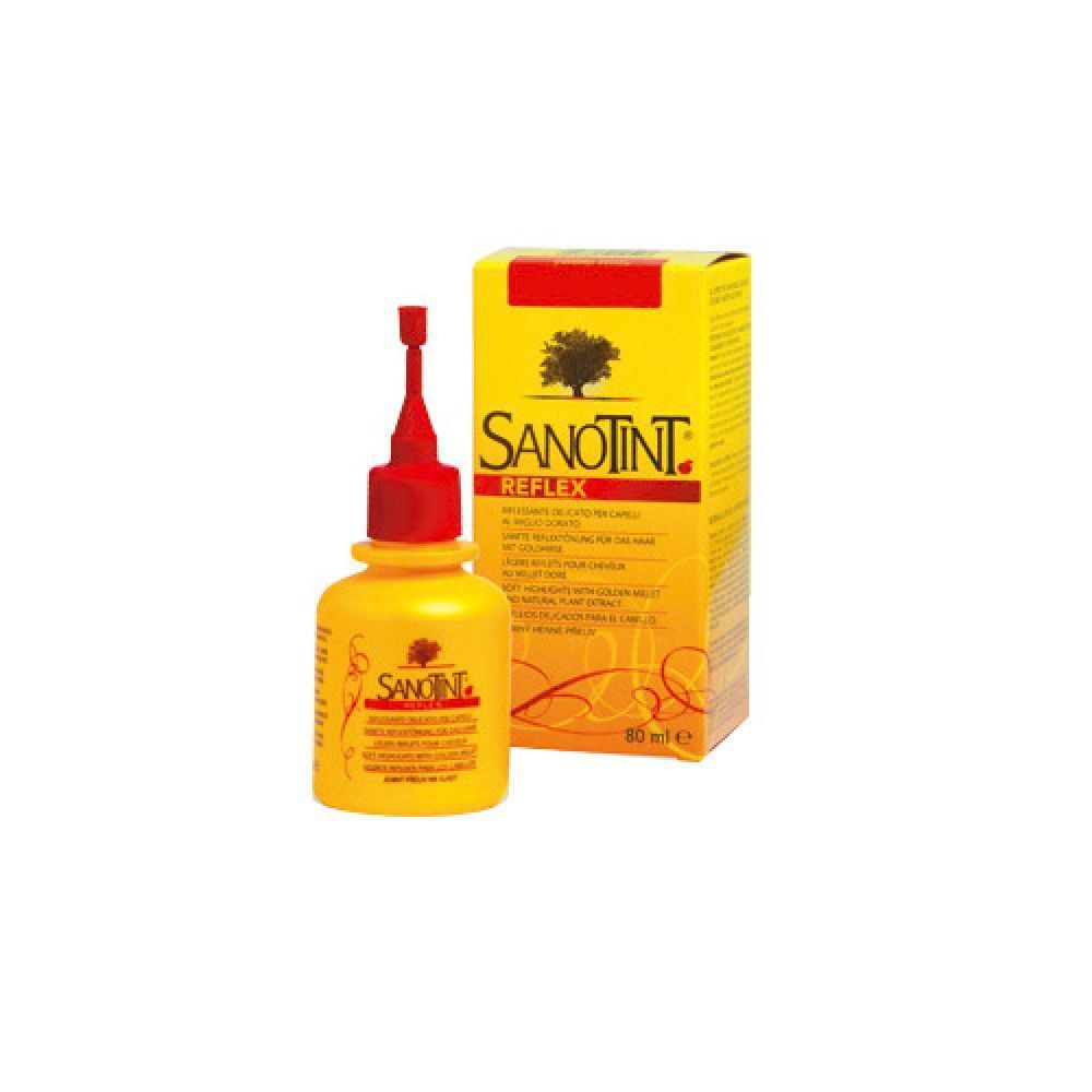 Flacone giallo con applicatore rosso e confezione in cartone giallo. Scritta Sanotint Reflex.