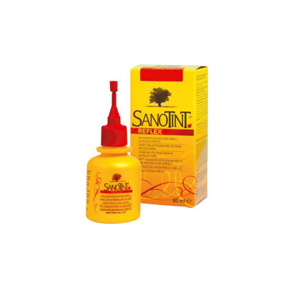 Flacone e scatola gialli. Scritta Sanotint Reflex. Tappo rosso. Logo albero. Confezione gialla con testo.