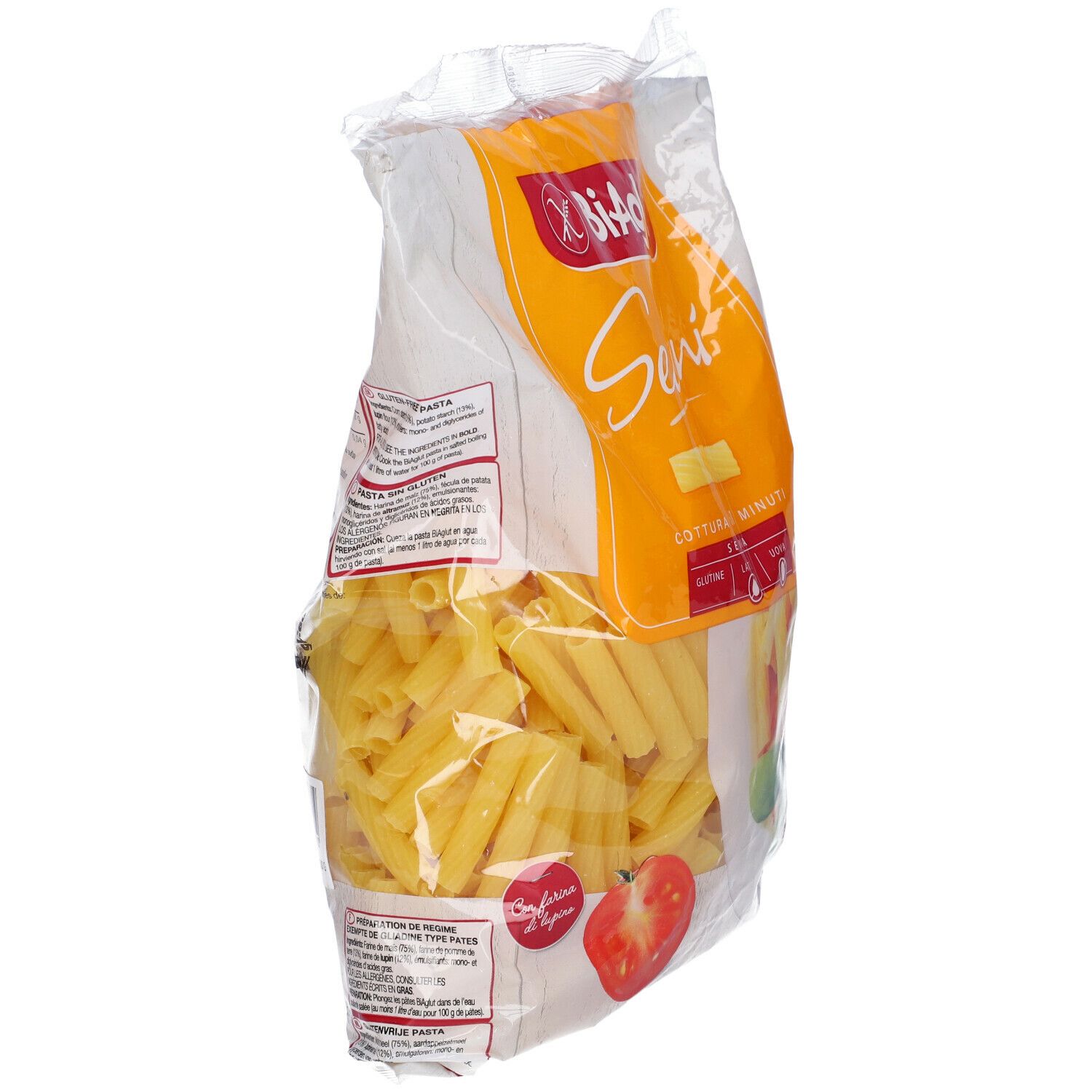 Retro della confezione Biaglut Sedani. Informazioni nutrizionali e lista ingredienti. Pasta gialla visibile.