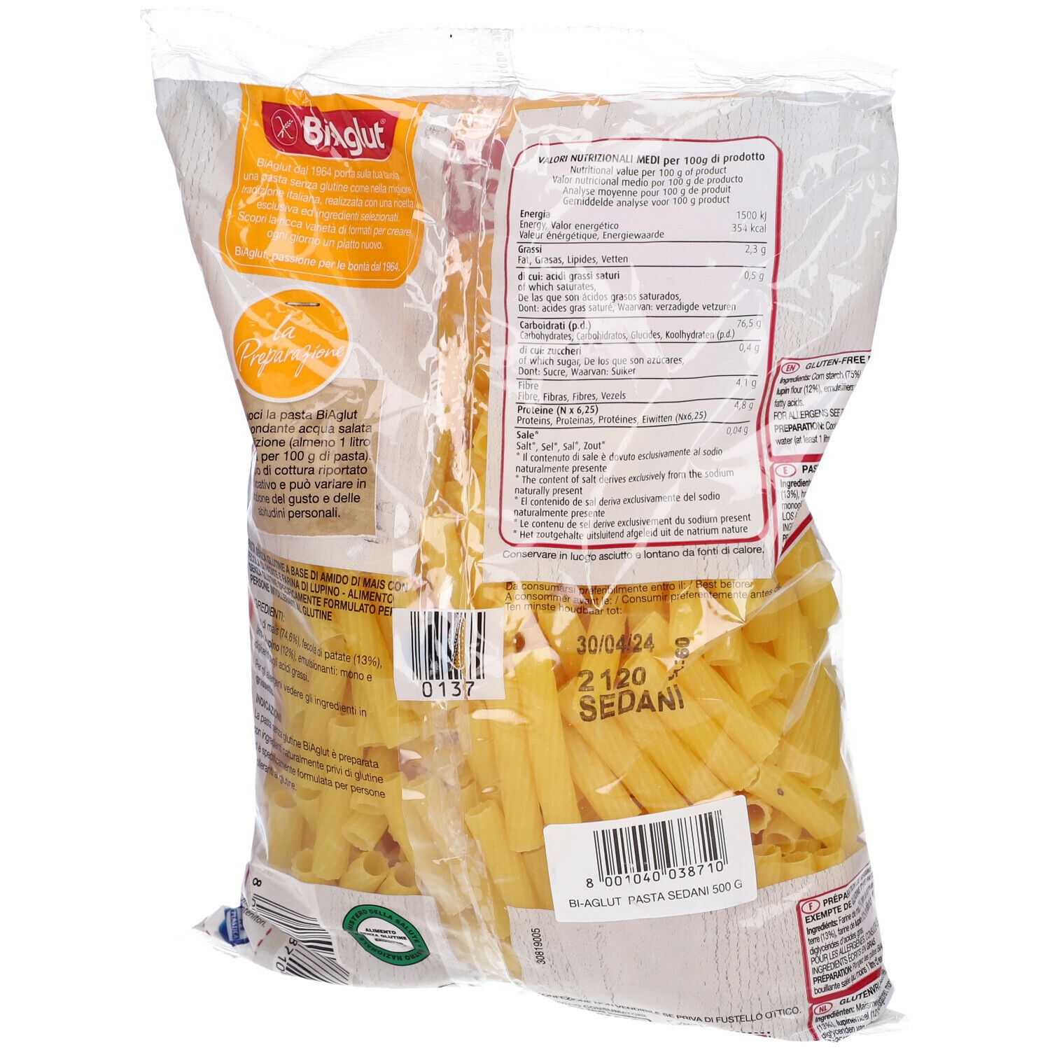 Retro della confezione Biaglut Sedani. Informazioni nutrizionali e lista ingredienti. Pasta gialla visibile.