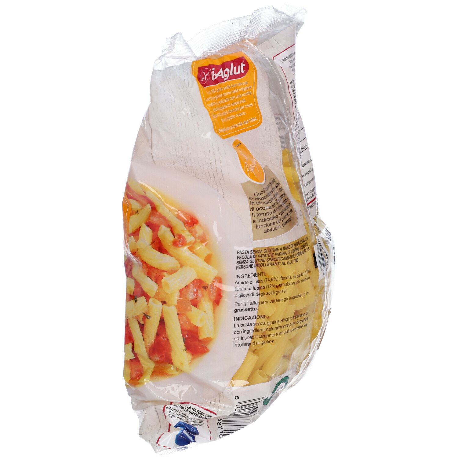 Retro della confezione Biaglut Sedani. Informazioni nutrizionali e lista ingredienti. Pasta gialla visibile.