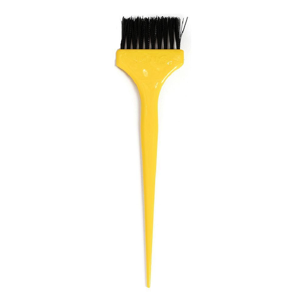 Pennello giallo con setole nere e manico appuntito. Su sfondo bianco.