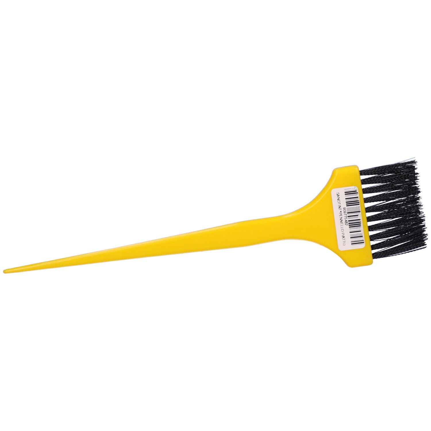 Pennello giallo con setole nere e manico appuntito. Con etichetta.