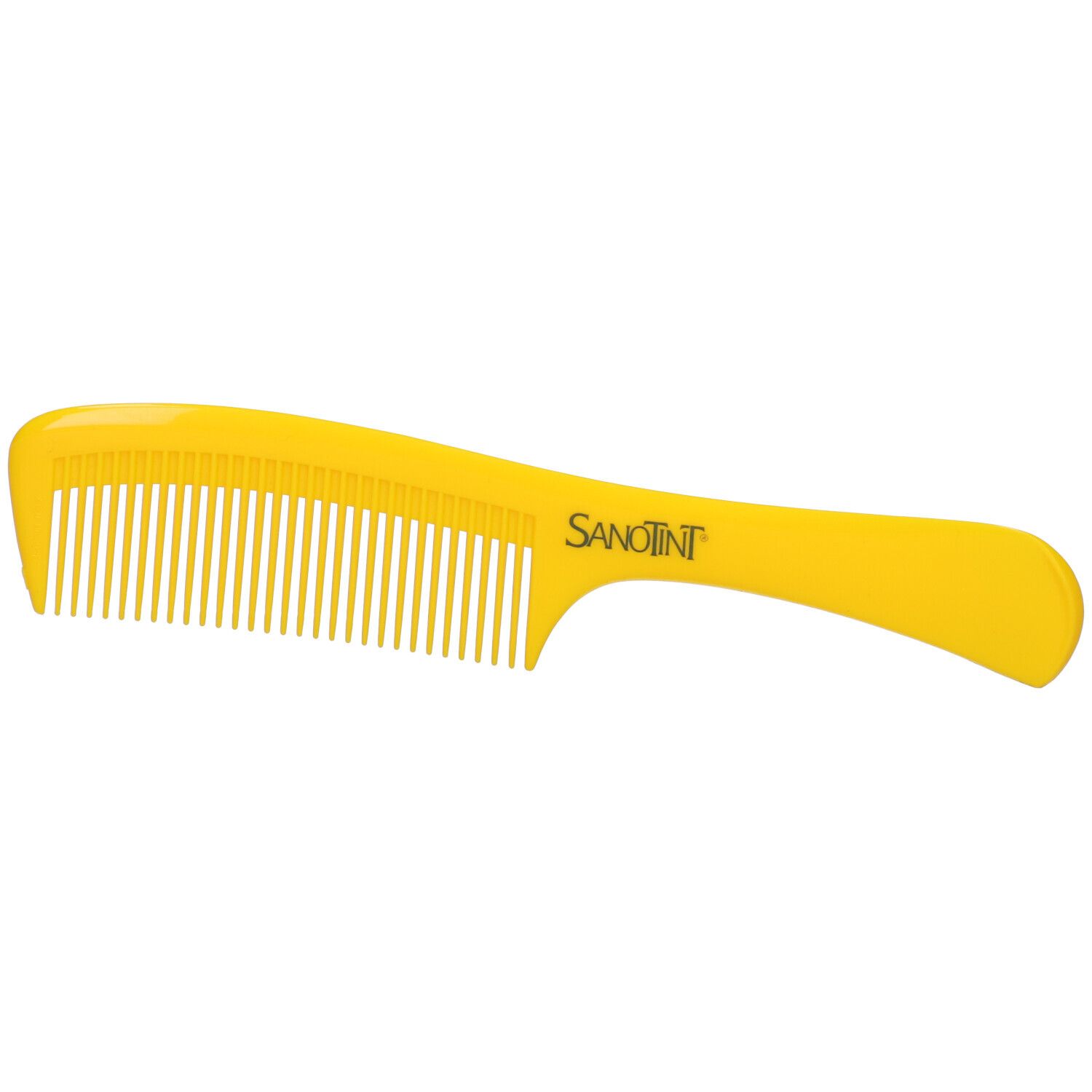 Pettine giallo con manico. Scritta Sanotint.