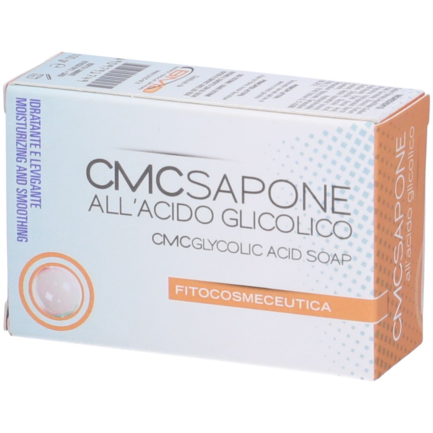 Confezione in cartone con scritta CMCSAPONE all'Acido Glicolico. Idratante e levigante.