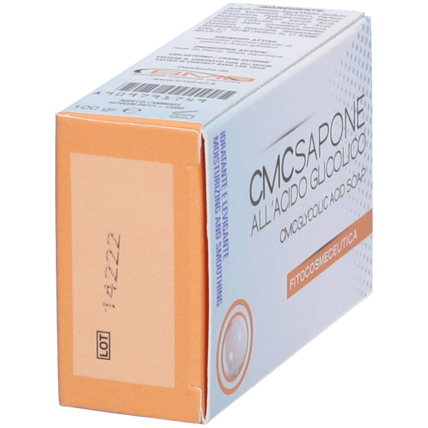 Confezione in cartone con scritta CMCSAPONE all'Acido Glicolico. Idratante e levigante.