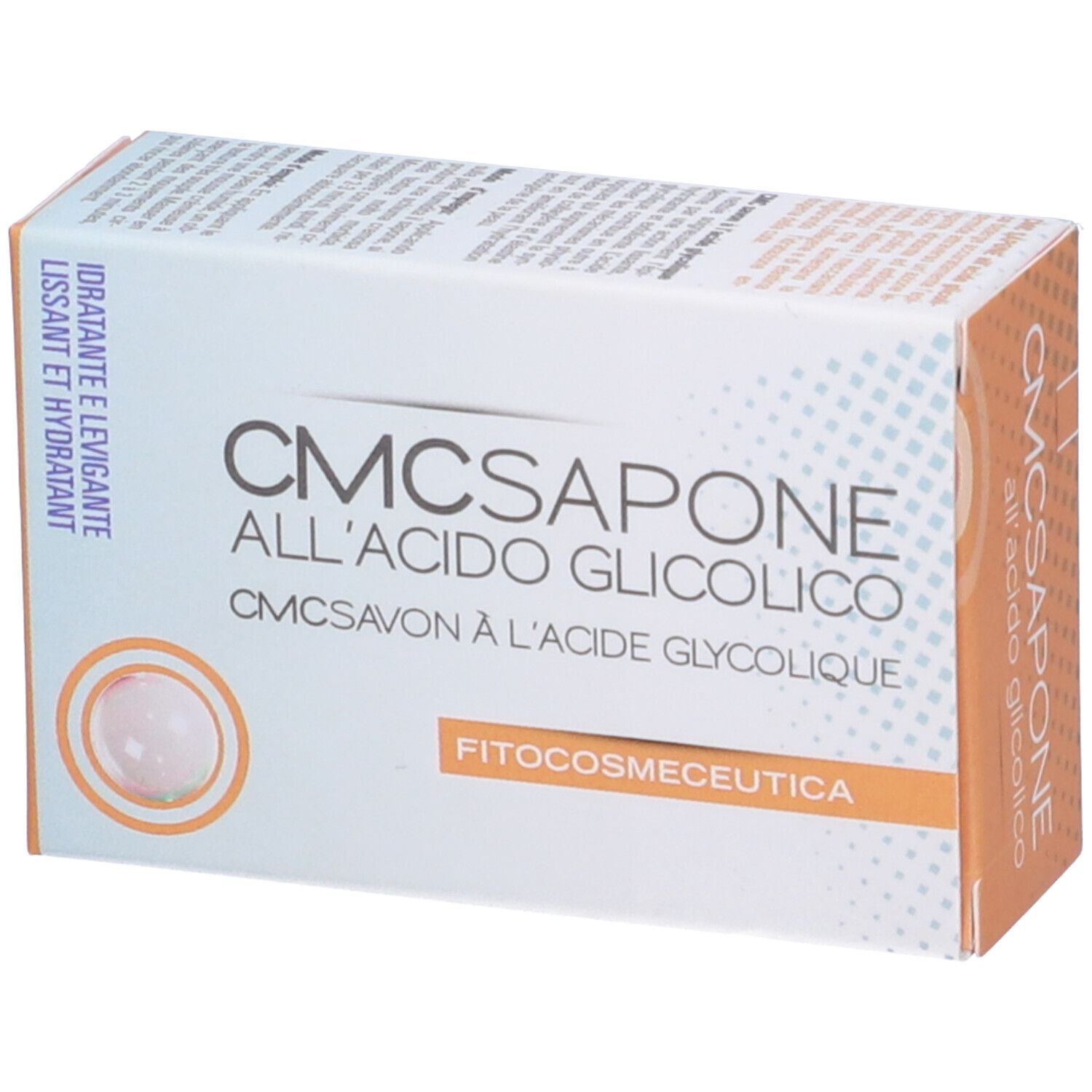 Confezione in cartone con scritta CMCSAPONE all'Acido Glicolico. Idratante e levigante.