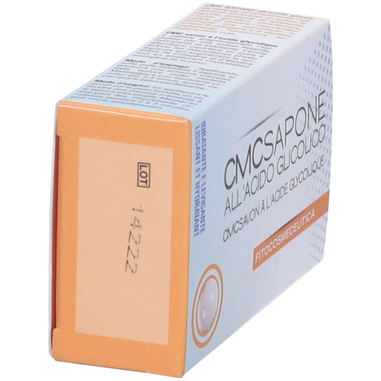 Confezione in cartone con scritta CMCSAPONE all'Acido Glicolico. Idratante e levigante.