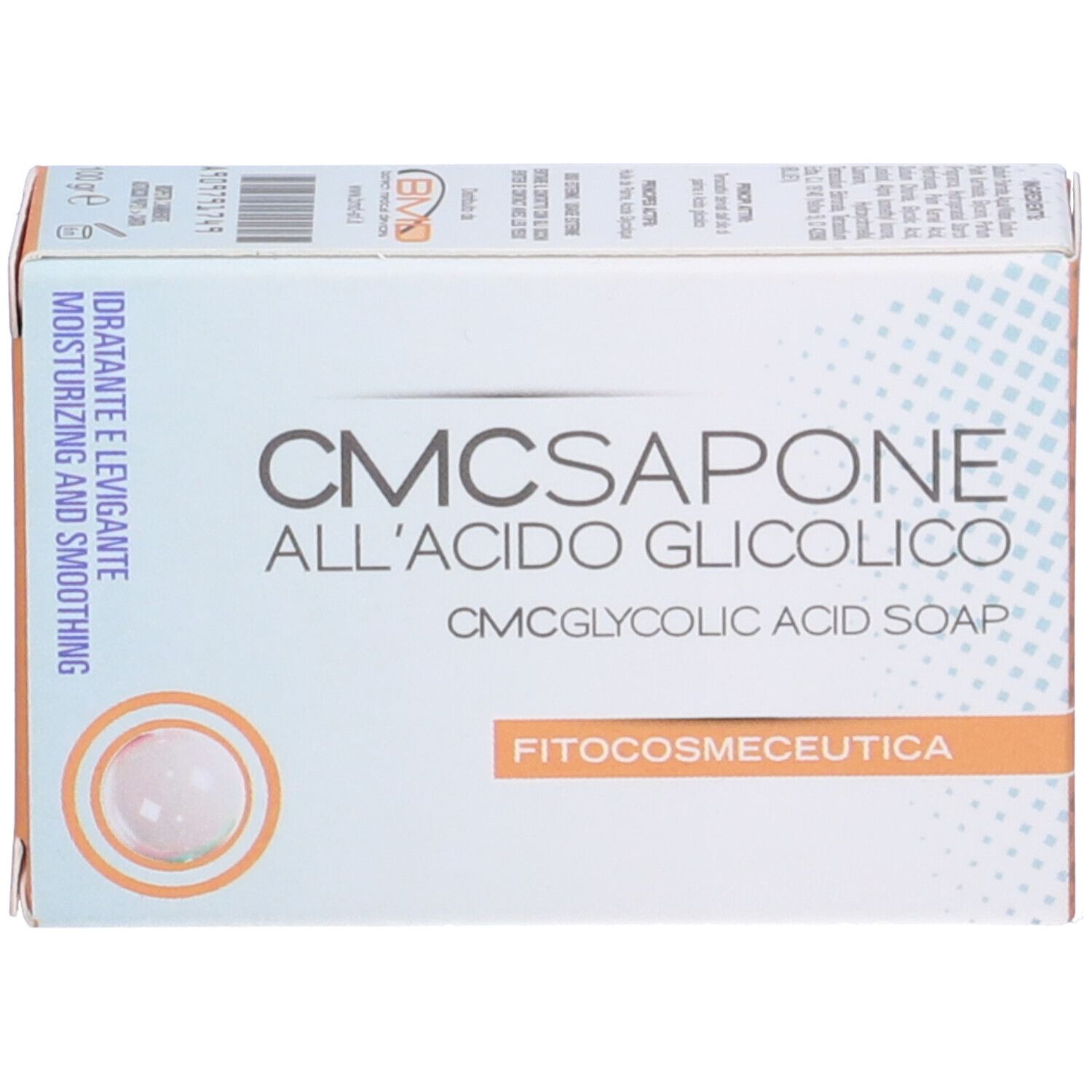 Confezione in cartone con scritta CMCSAPONE all'Acido Glicolico. Idratante e levigante.