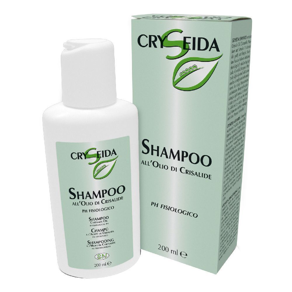 Cryseida Shampoo, flacone e scatola bianchi. Scritta: Shampoo, 200 ml. Con logo verde.
