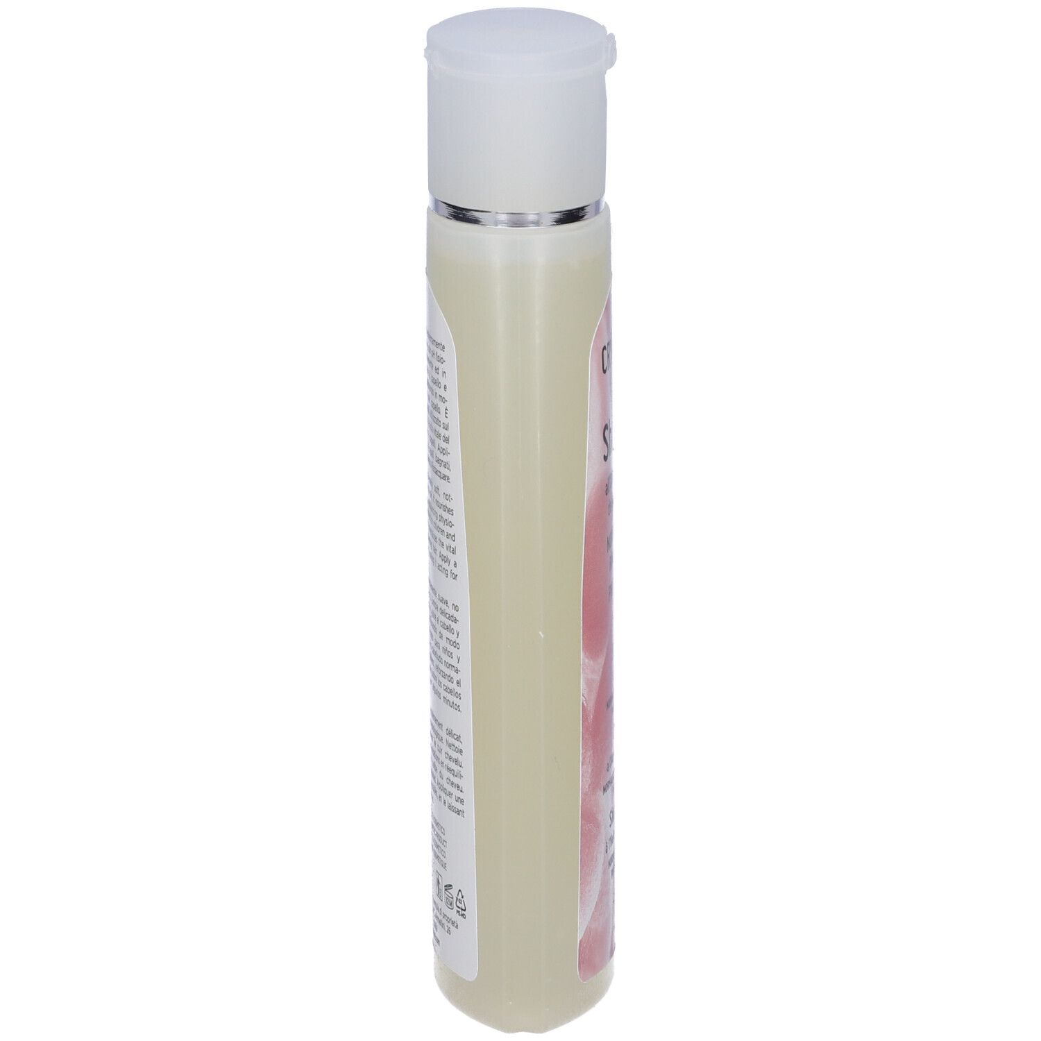 Flacone di shampoo Cryseida, vista laterale. Tappo bianco, liquido trasparente, informazioni sul prodotto.