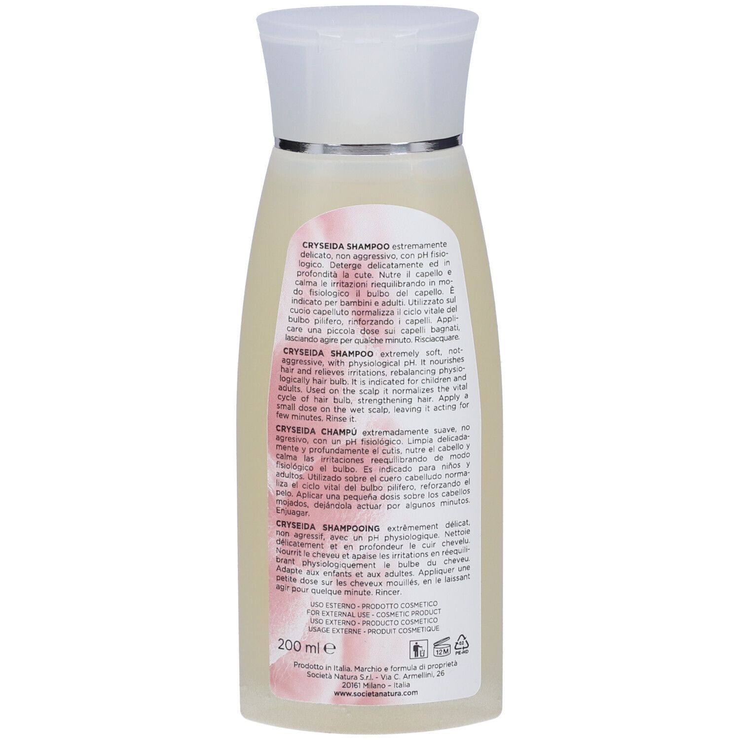 Flacone di shampoo Cryseida, retro. Informazioni sul prodotto multilingue, 200 ml.