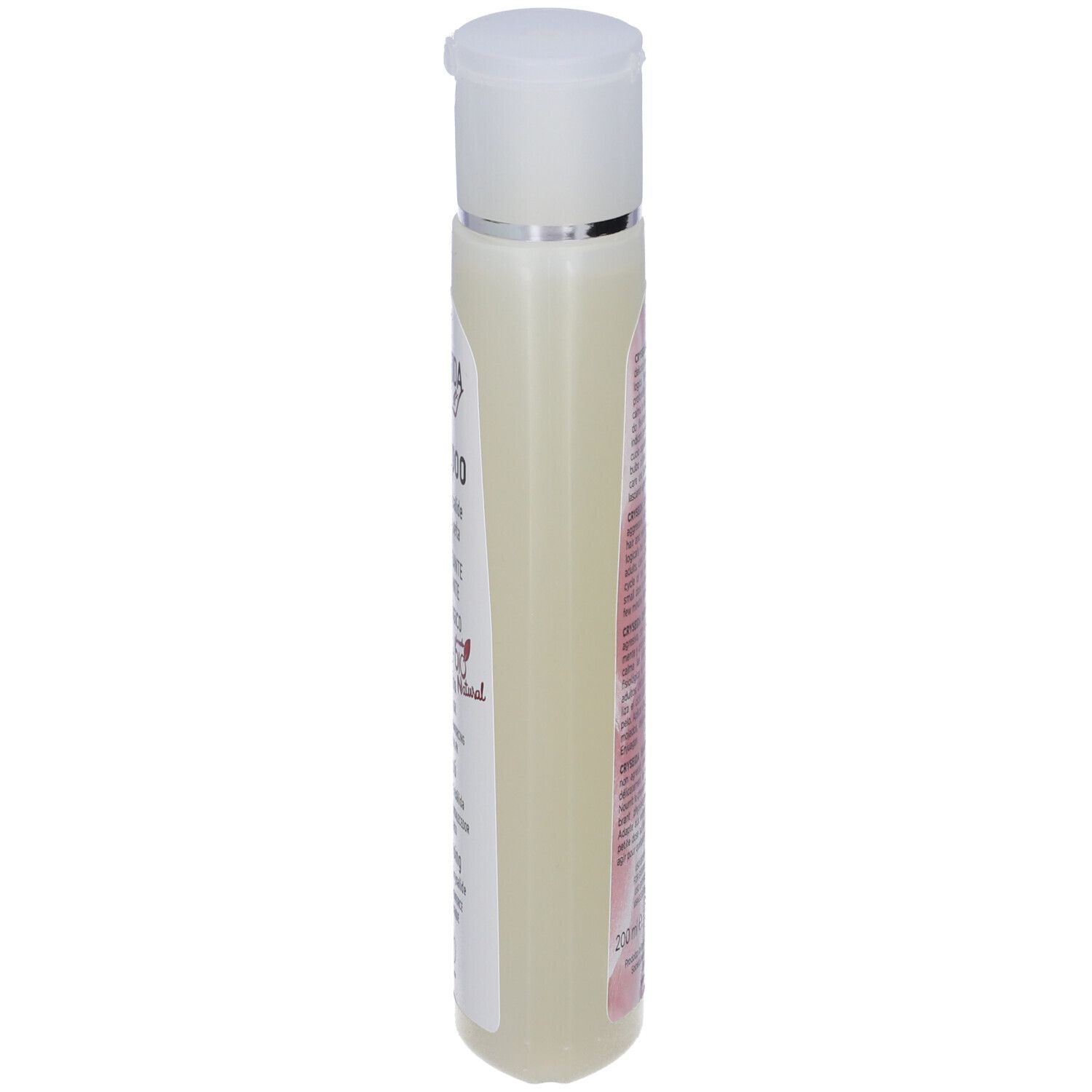 Flacone di shampoo Cryseida, vista laterale. Tappo bianco, liquido trasparente, informazioni sul prodotto.