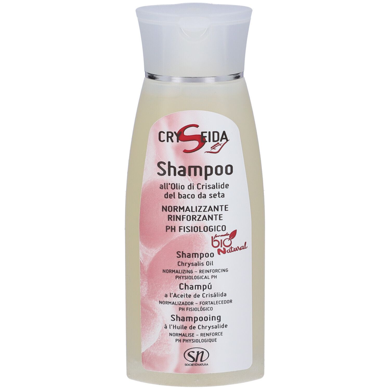 Flacone di shampoo Cryseida, fronte. Scritta: Shampoo, olio, normalizzante, pH. Logo bio.