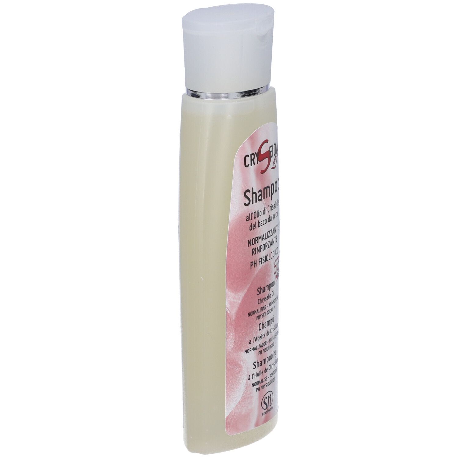 Flacone di shampoo Cryseida, vista laterale. Tappo bianco, liquido trasparente, informazioni sul prodotto.