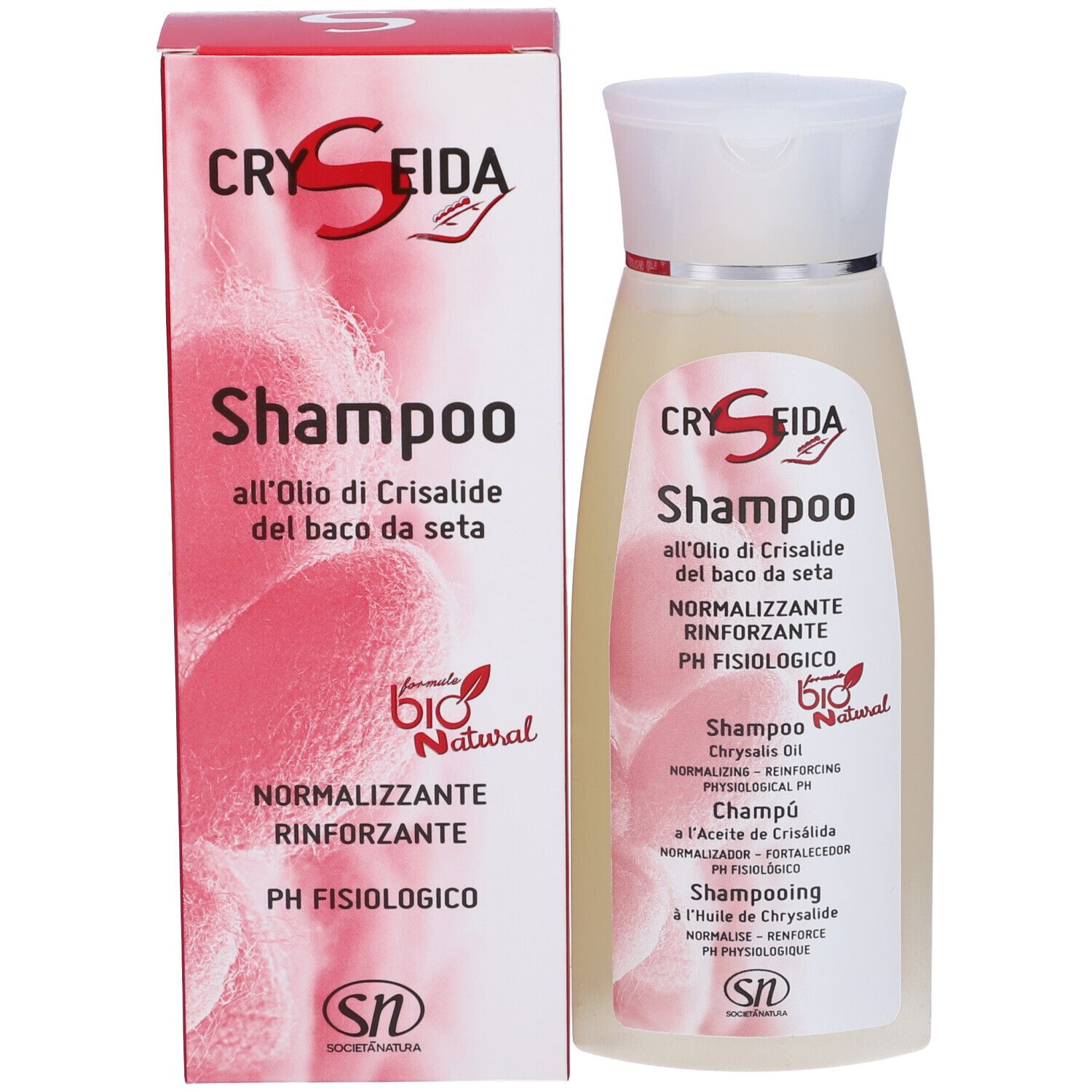 Cryseida Shampoo, flacone e scatola. Scritta: Shampoo, olio, normalizzante, pH. Logo bio.