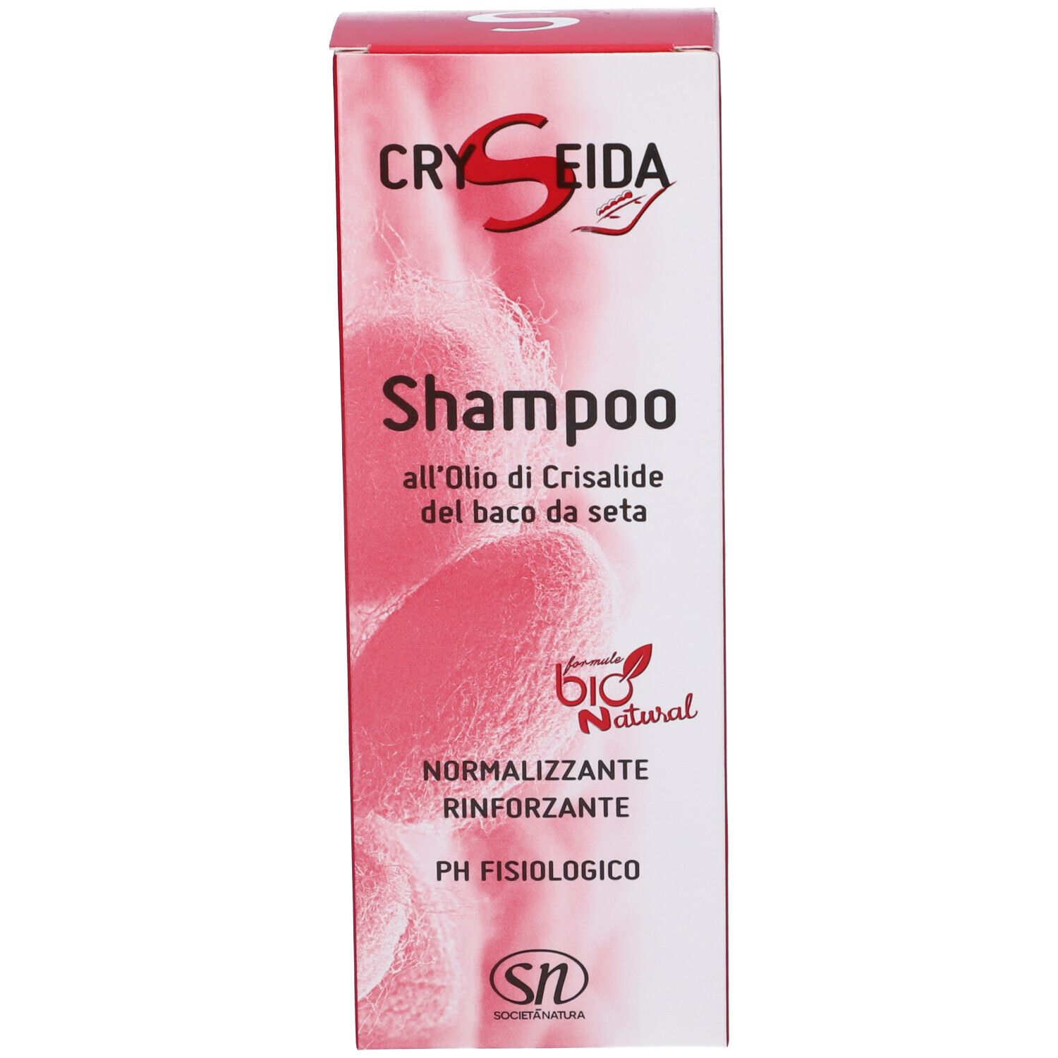 Scatola di shampoo Cryseida. Scritta: Shampoo, olio, normalizzante, pH. Logo bio.