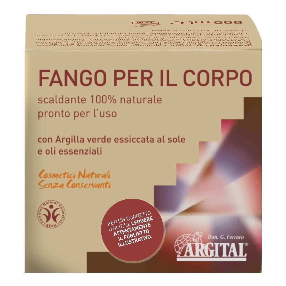 Scatola con informazioni prodotto. Testo: Fango Per Il Corpo, logo Argital, cosmetici naturali.