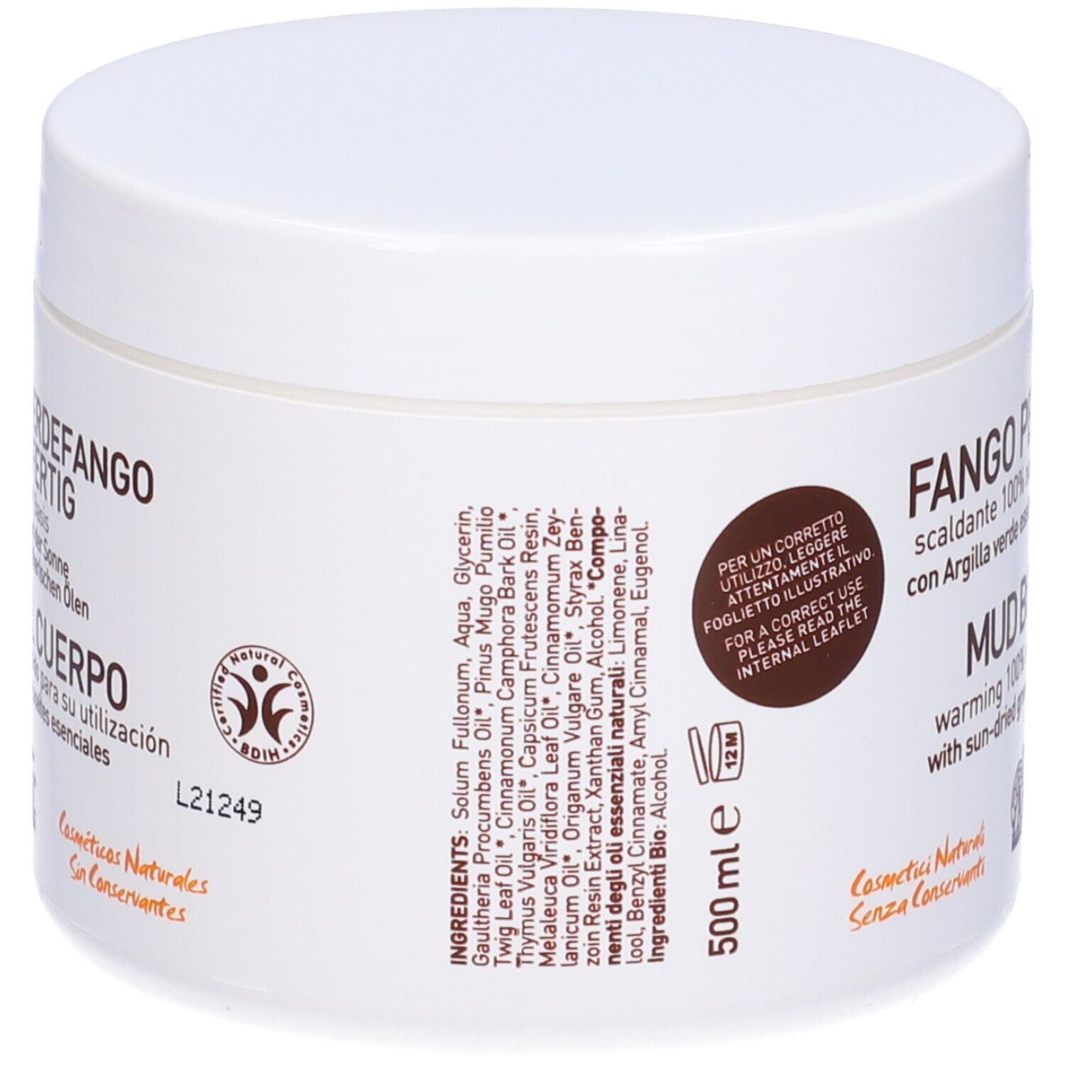Vaso bianco con elenco ingredienti. Testo: Ingredienti, 500ml, logo Argital, cosmetici naturali.