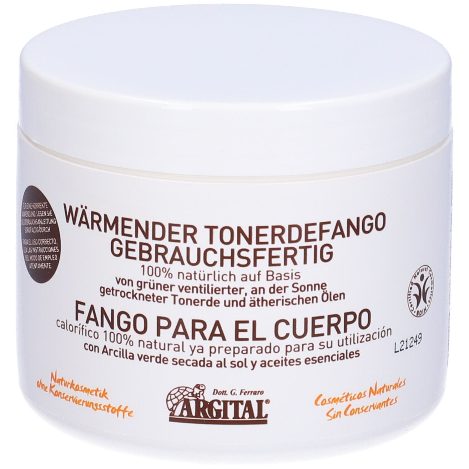 Vaso bianco con testo prodotto. Testo: Wärmender TonerdeFango, logo Argital, cosmetici naturali.