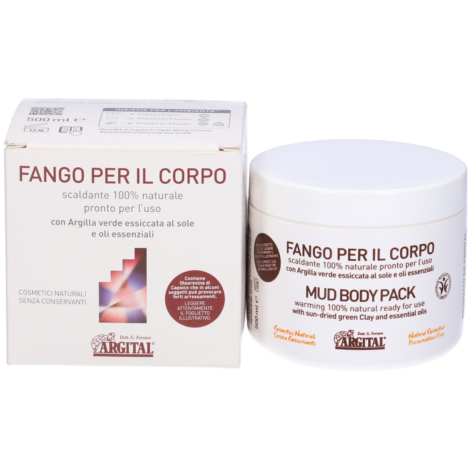 Confezione e vaso del prodotto. Testo: Fango Per Il Corpo, Mud Body Pack, logo Argital, 500ml.