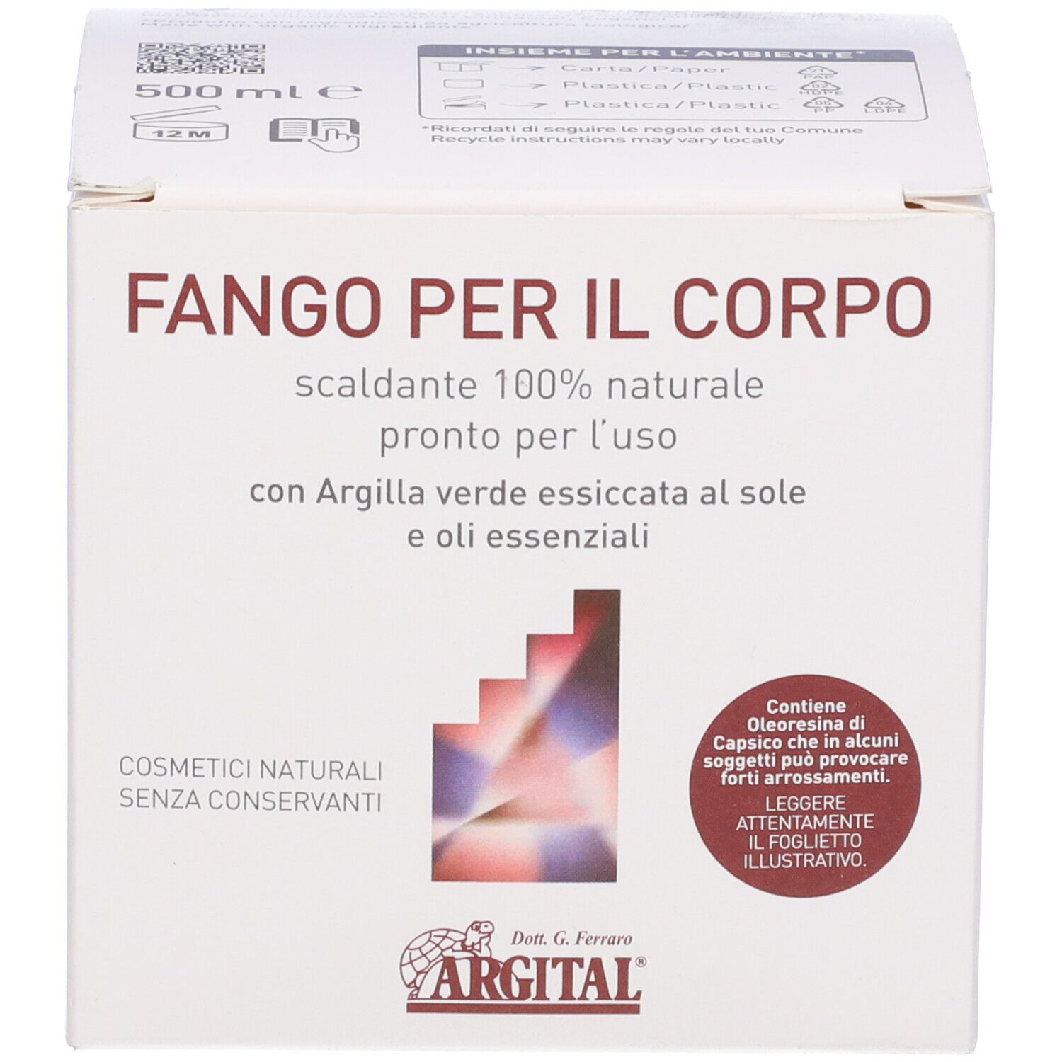 Confezione del prodotto. Testo: Fango Per Il Corpo, logo Argital, 500ml, avvertenza.