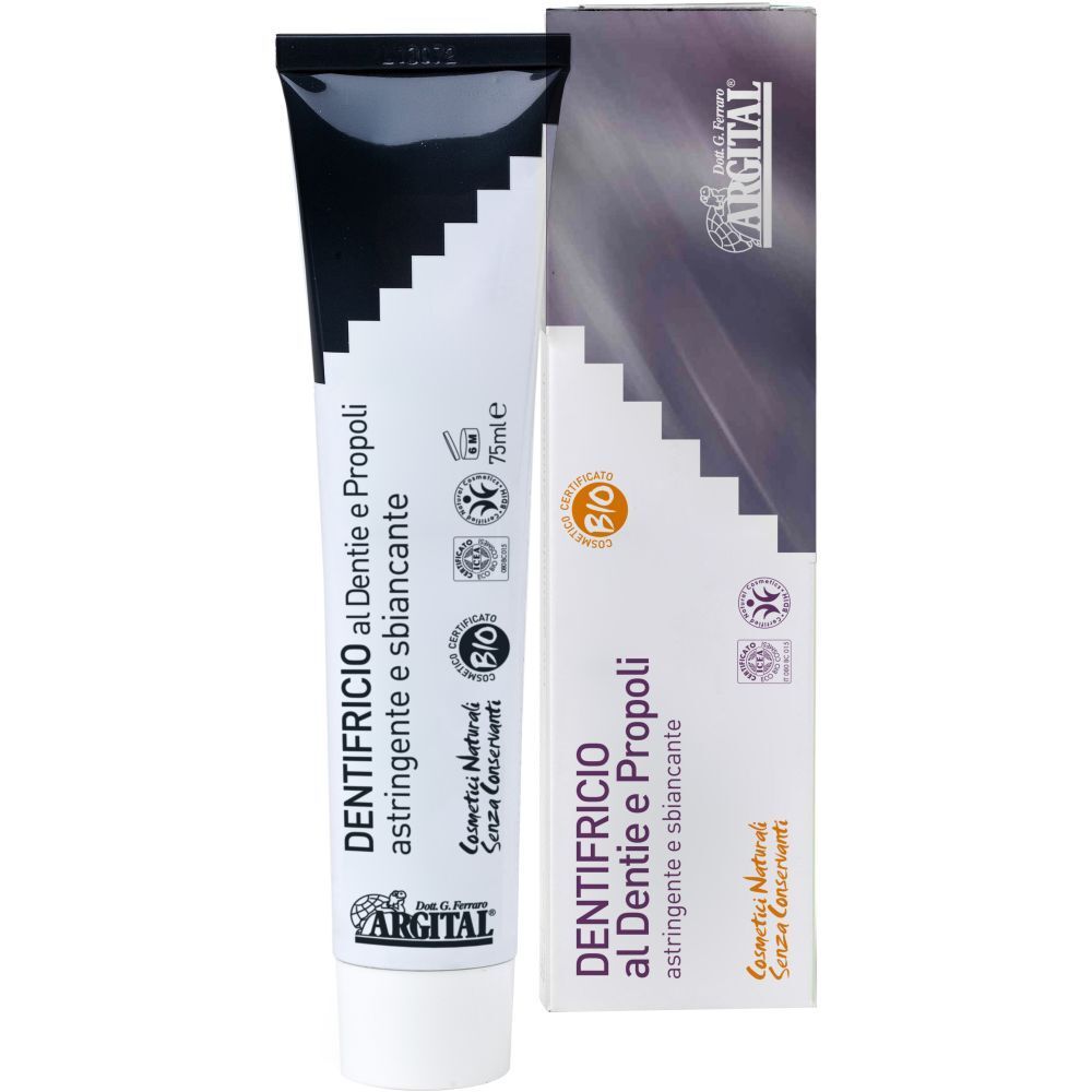 Tubo e confezione di dentifricio. Scritta: DENTIFRICIO AL DENTIE E PROPOLI. Certificazione bio. Marchio: ARGITAL.