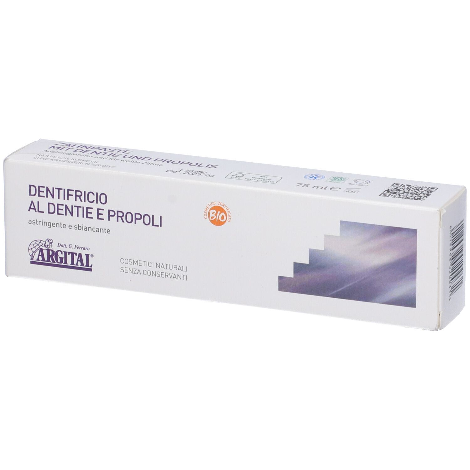 Confezione di dentifricio. Scritta: DENTIFRICIO AL DENTIE E PROPOLI. Certificazione bio. Marchio: ARGITAL.