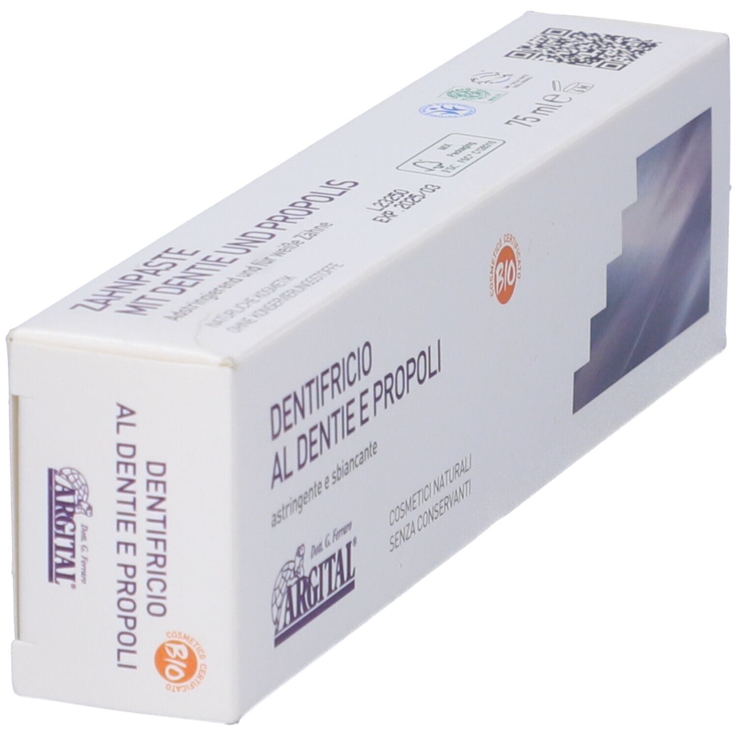 Confezione di dentifricio. Scritta: DENTIFRICIO AL DENTIE E PROPOLI. Certificazione bio. Marchio: ARGITAL.