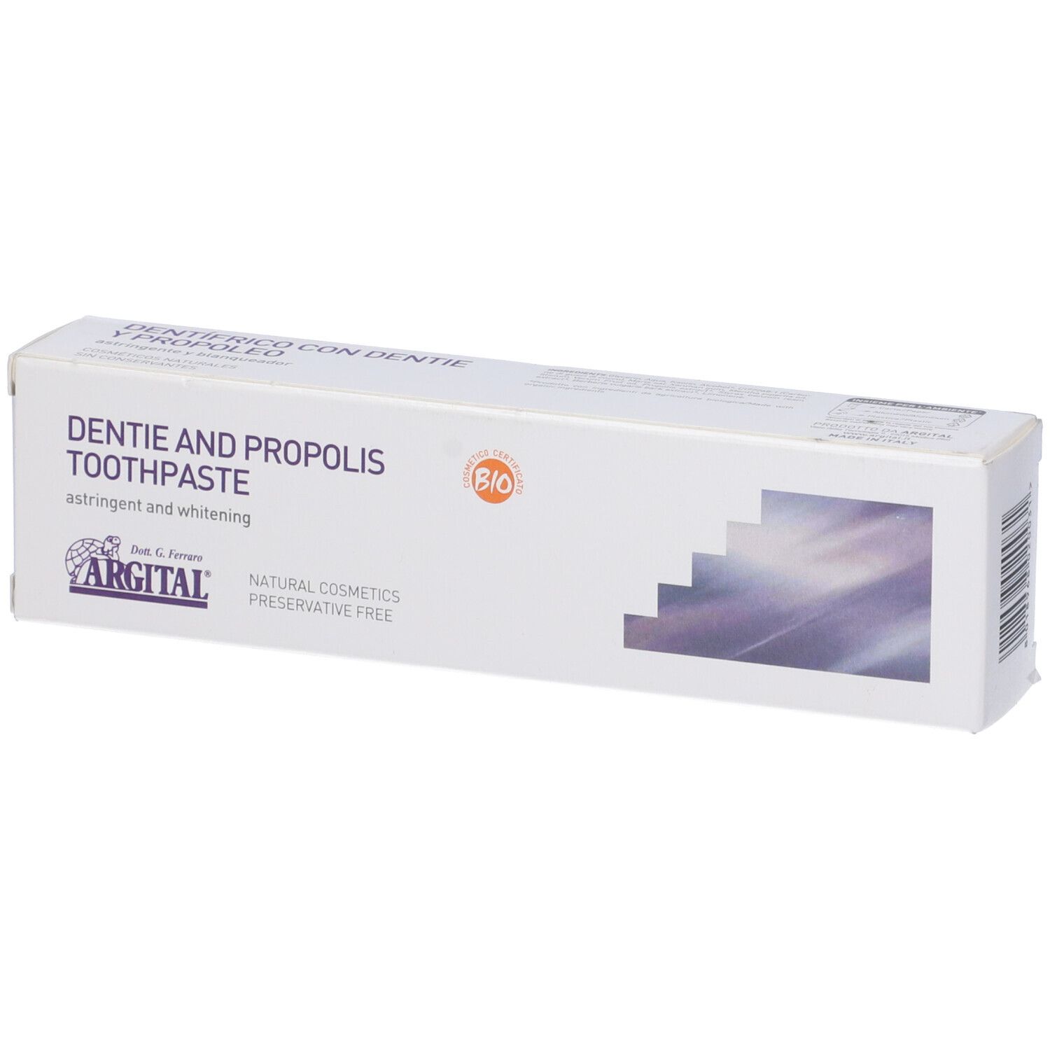 Confezione di dentifricio. Scritta: DENTIE AND PROPOLIS TOOTHPASTE. Certificazione bio. Marchio: ARGITAL.