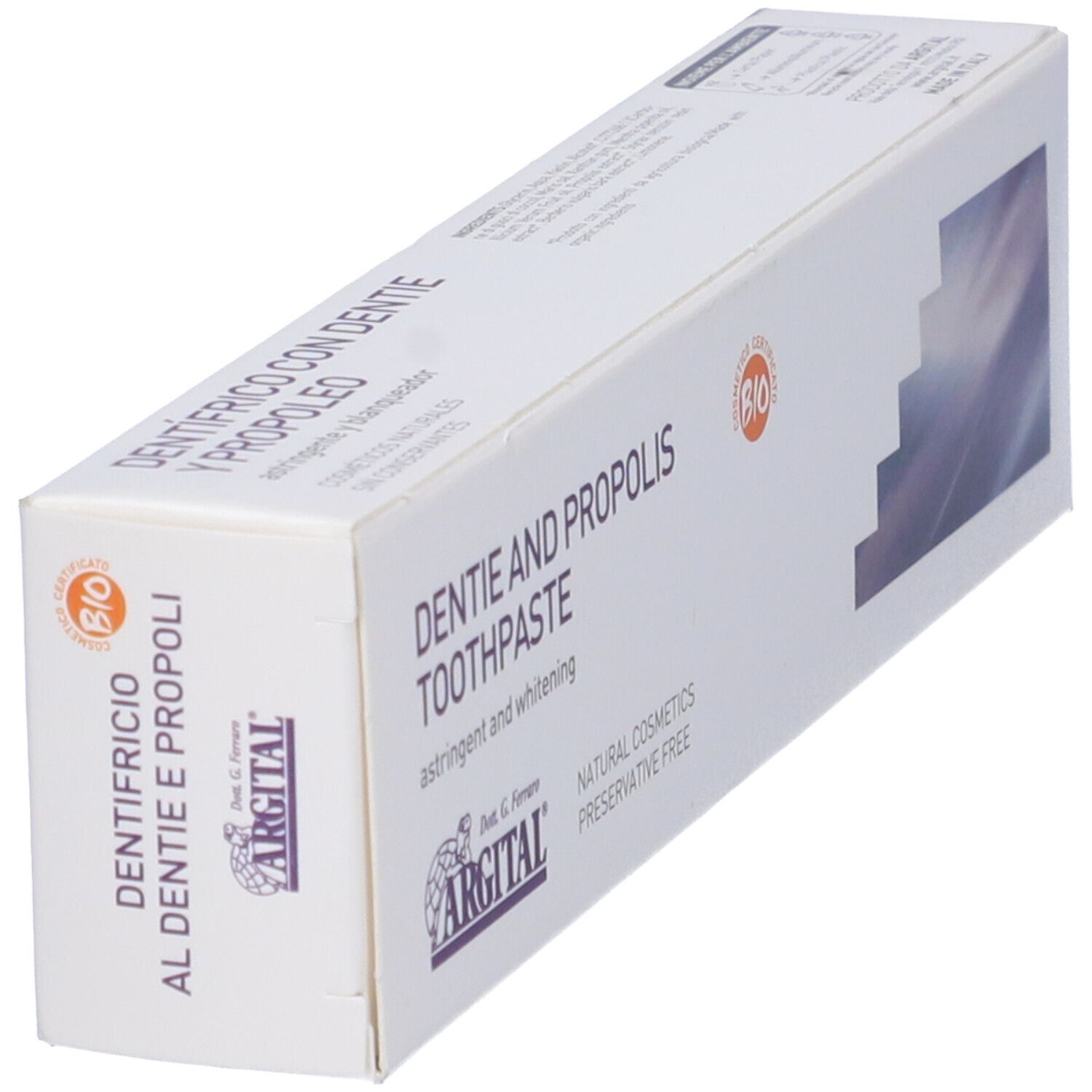 Confezione di dentifricio. Scritta: DENTIE AND PROPOLIS TOOTHPASTE. Certificazione bio. Marchio: ARGITAL.