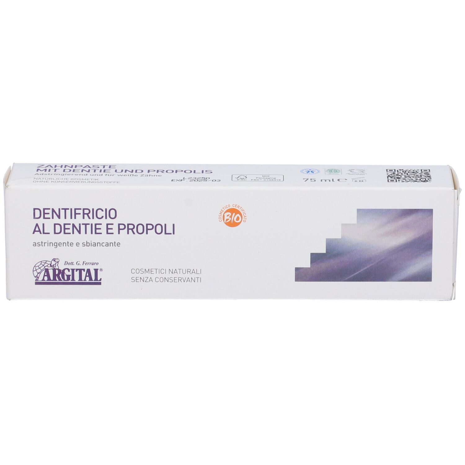 Confezione di dentifricio. Scritta: DENTIFRICIO AL DENTIE E PROPOLI. Certificazione bio. Marchio: ARGITAL.