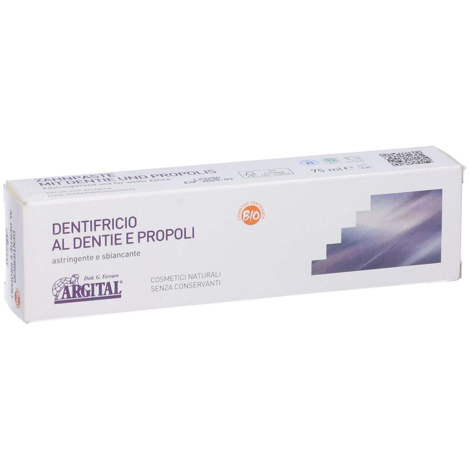 Confezione di dentifricio. Scritta: DENTIFRICIO AL DENTIE E PROPOLI. Certificazione bio. Marchio: ARGITAL.