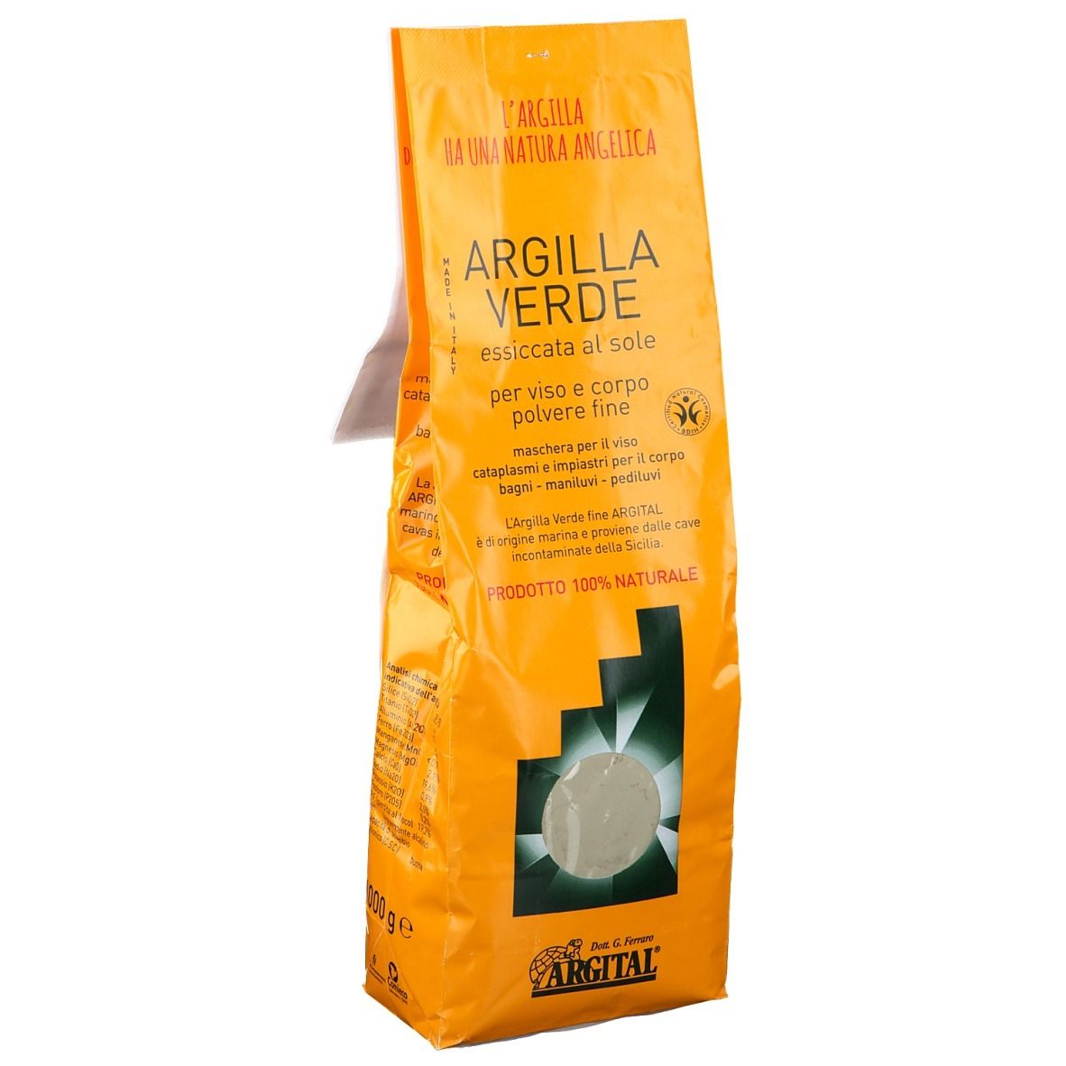 Confezione gialla con testo verde. Scritto: Argilla Verde, essiccata al sole, per viso e corpo, polvere fine. Logo Argital.