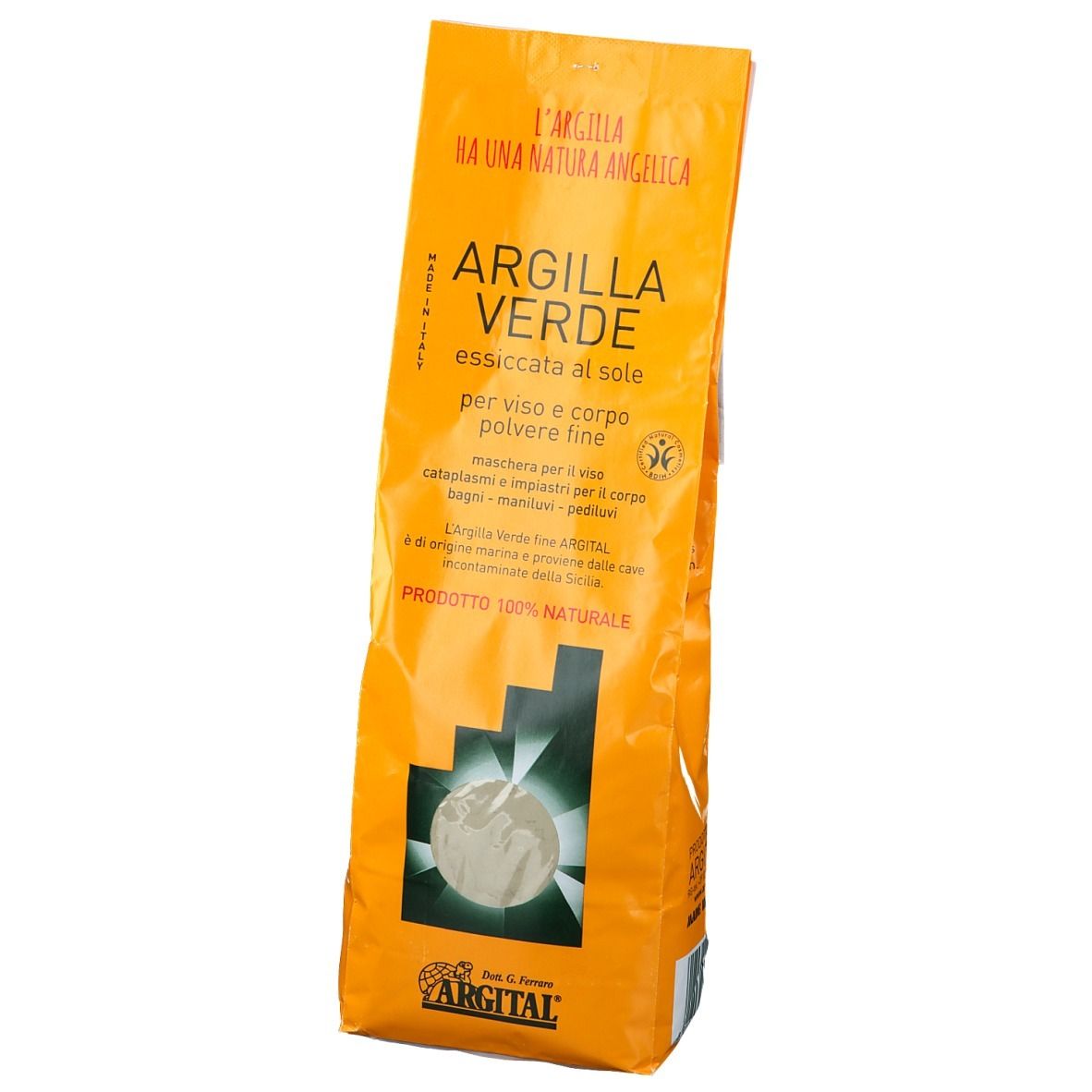 Confezione gialla con testo verde. Scritto: Argilla Verde, essiccata al sole, per viso e corpo, polvere fine. Logo Argital.