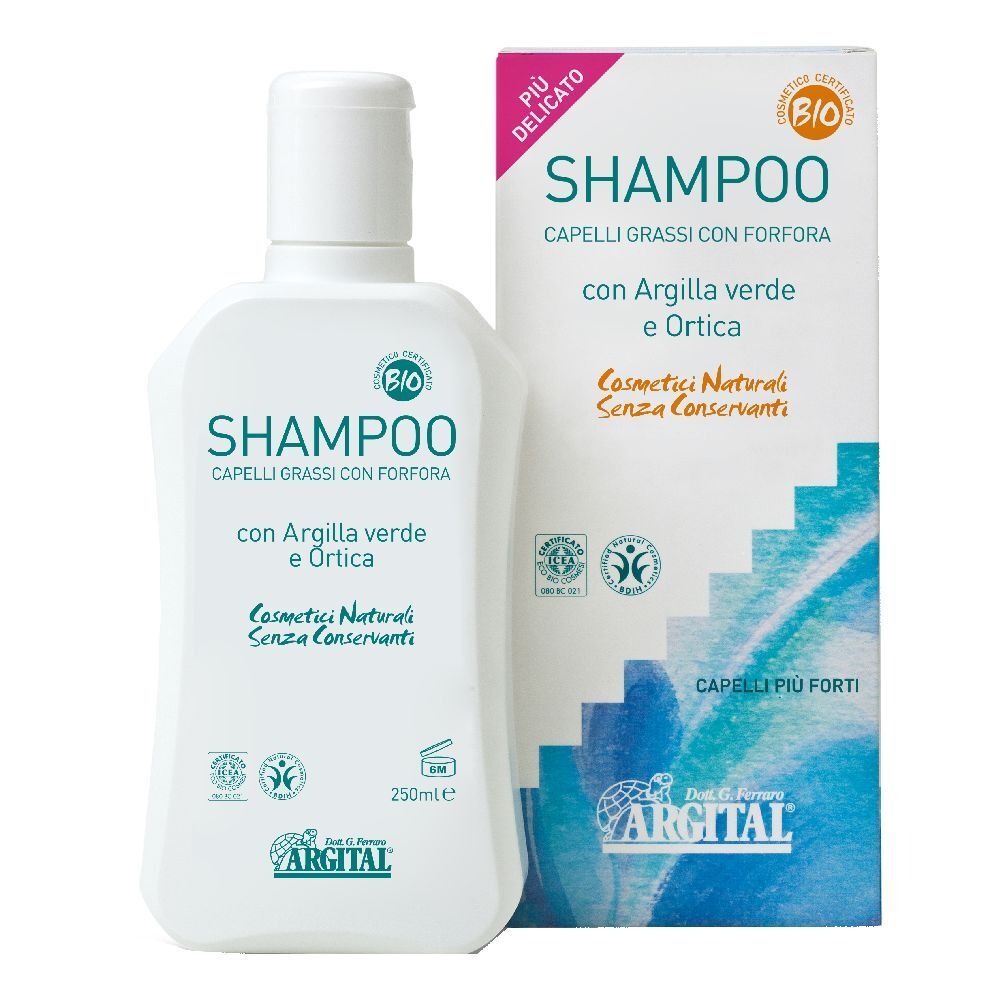 Shampoo bianco con scritta verde e confezione. Scritta: Shampoo per capelli grassi e forfora. Certificazione bio.