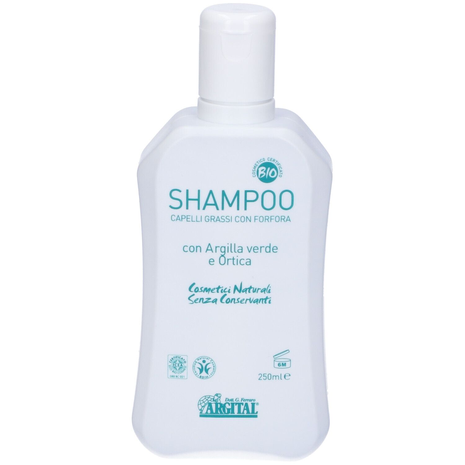 Shampoo bianco con scritta verde. Scritta: Shampoo per capelli grassi e forfora. Certificazione bio. 250ml.