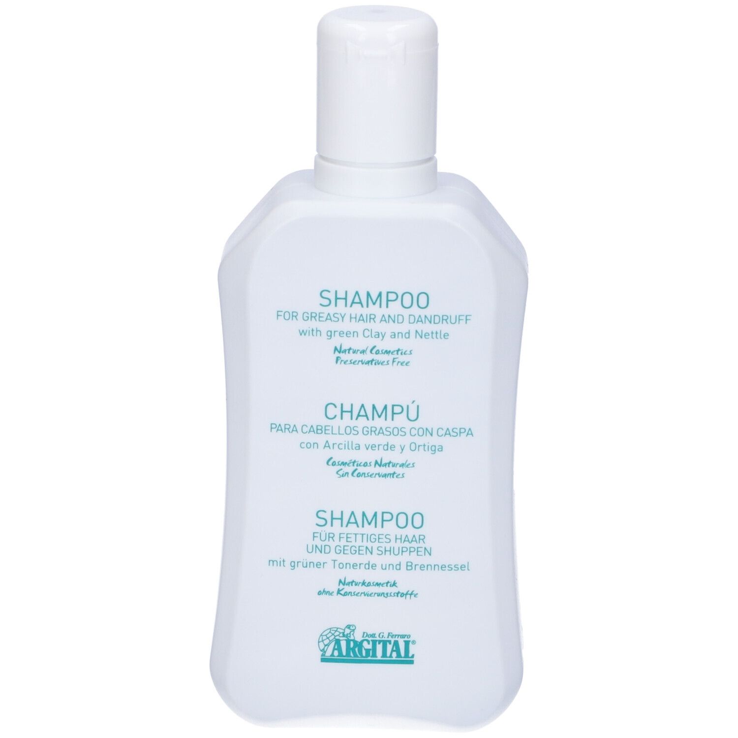 Shampoo bianco con scritta verde. Scritta: Shampoo per capelli grassi e forfora. Certificazione bio. 250ml.