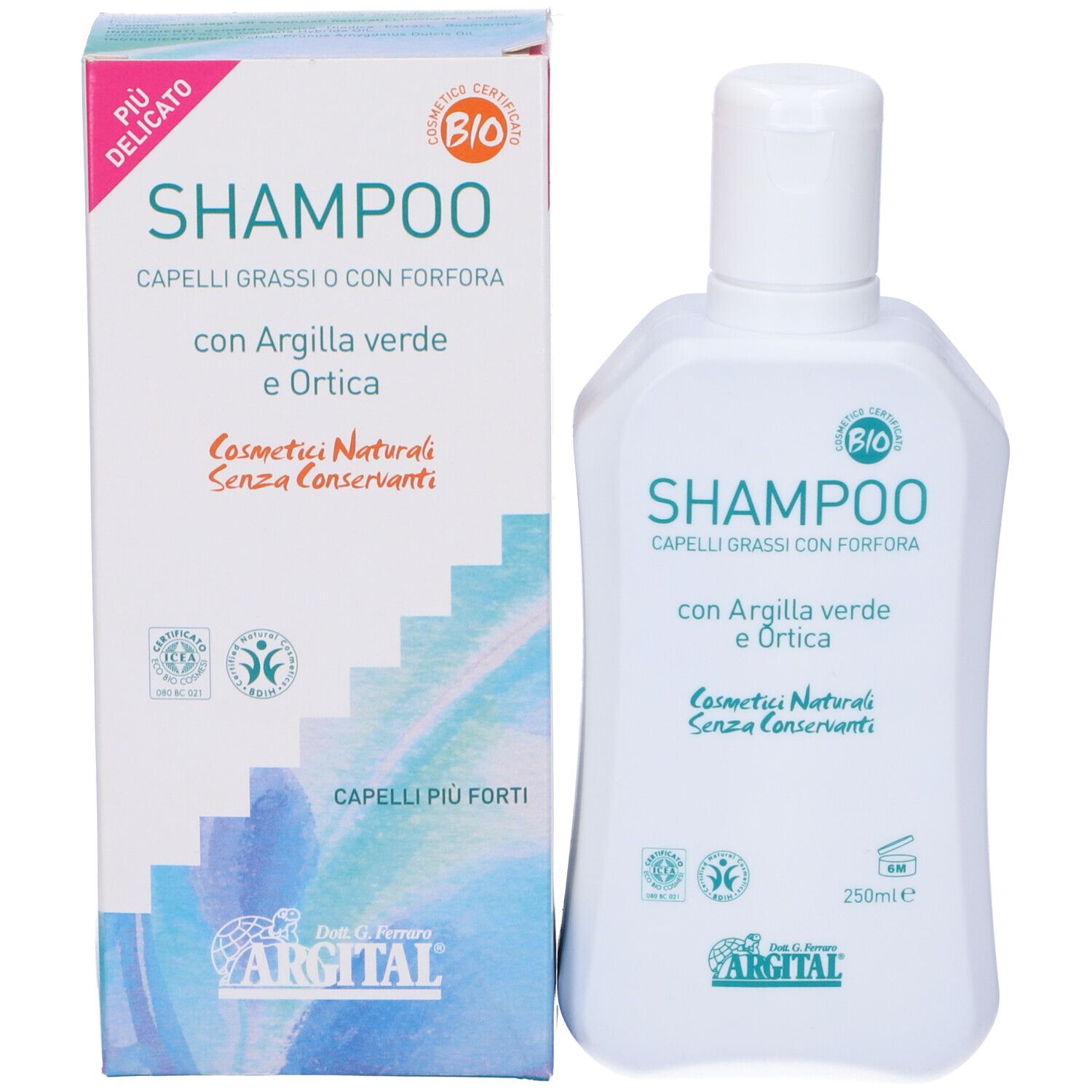 Shampoo bianco con scritta verde e confezione. Scritta: Shampoo per capelli grassi e forfora. Certificazione bio.