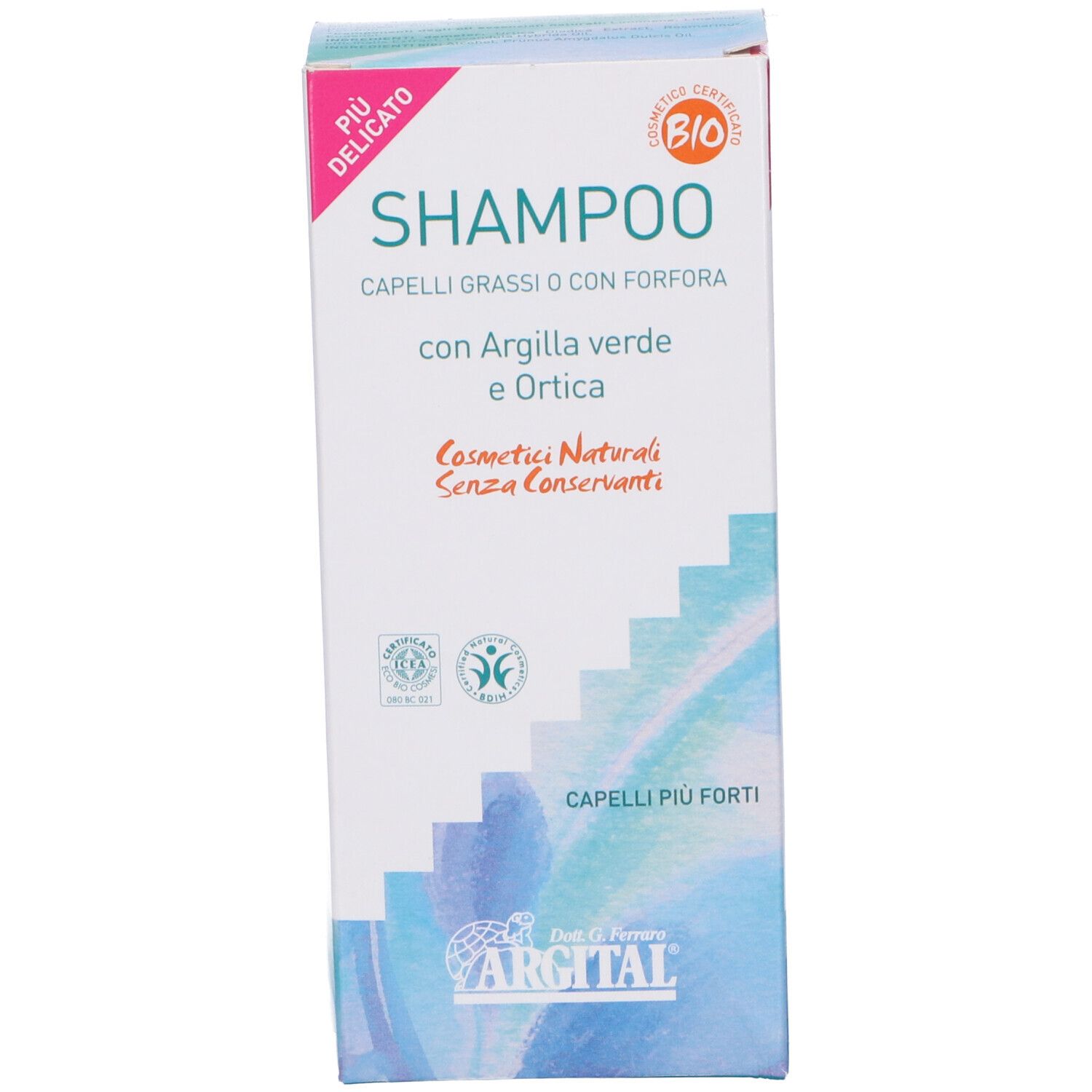 Confezione con scritta verde. Scritta: Shampoo per capelli grassi e forfora. Certificazione bio. 250ml.