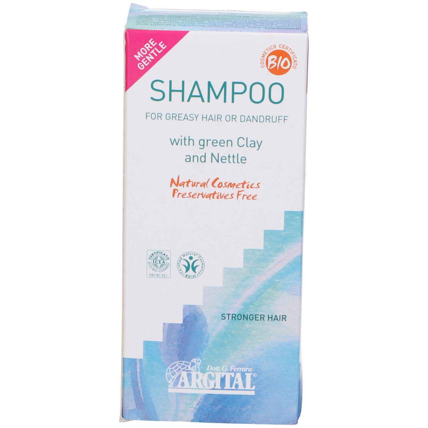 Confezione con scritta verde. Scritta: Shampoo per capelli grassi e forfora. Certificazione bio. 250ml.