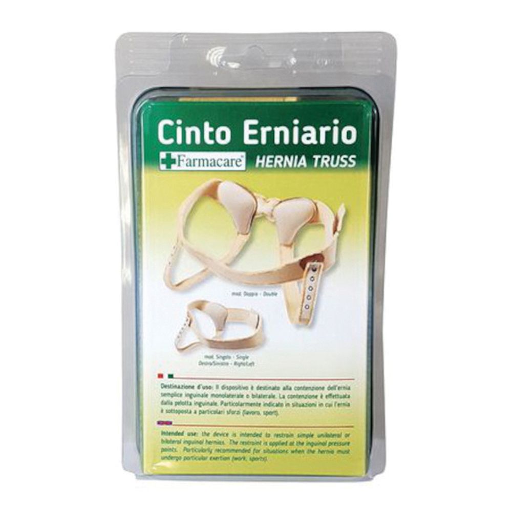 Cintura erniaria in confezione blister. Beige, con chiusura a strappo e cuscinetti. Scritta: Cinto Erniario, Farmacare.