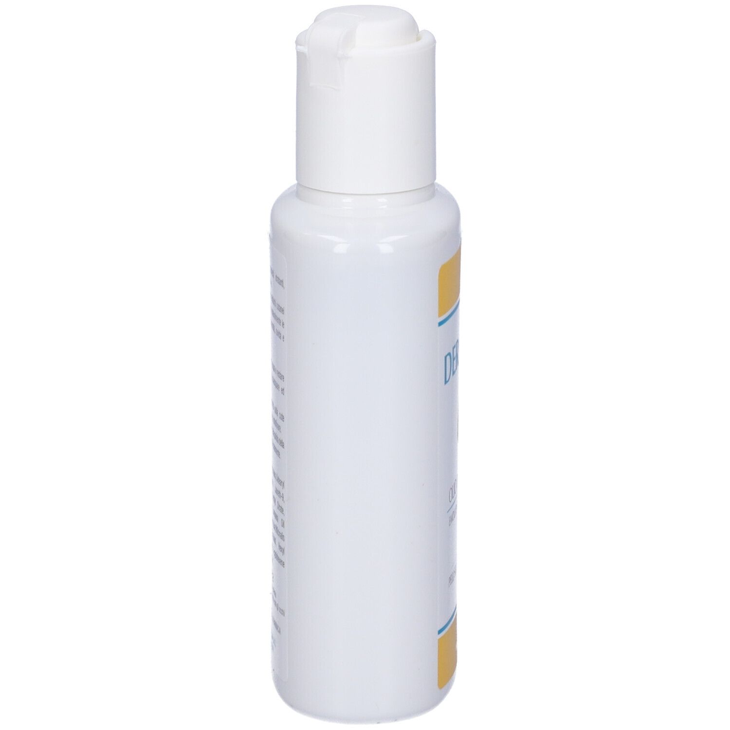 Flacone bianco con dettagli gialli e tappo bianco. Scritta: Dermoil.