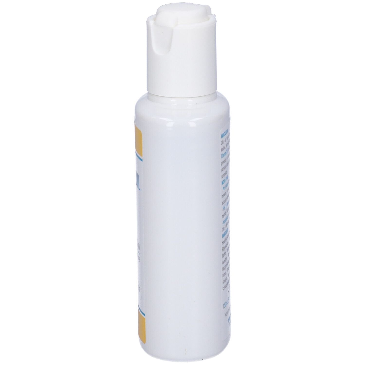 Flacone bianco con dettagli gialli e tappo bianco. Scritta: Dermoil.