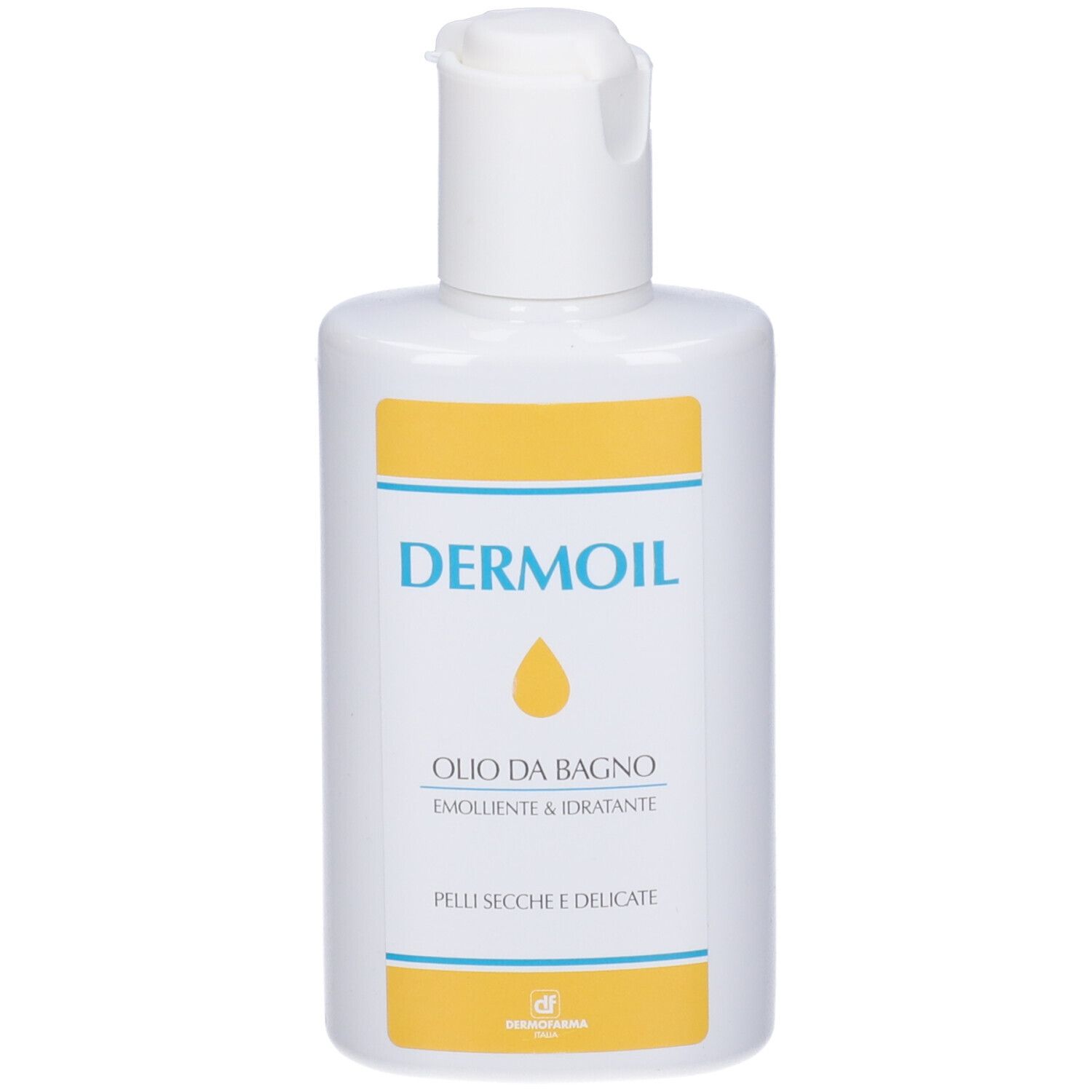 Flacone bianco con dettagli gialli e tappo bianco. Scritta: Dermoil.