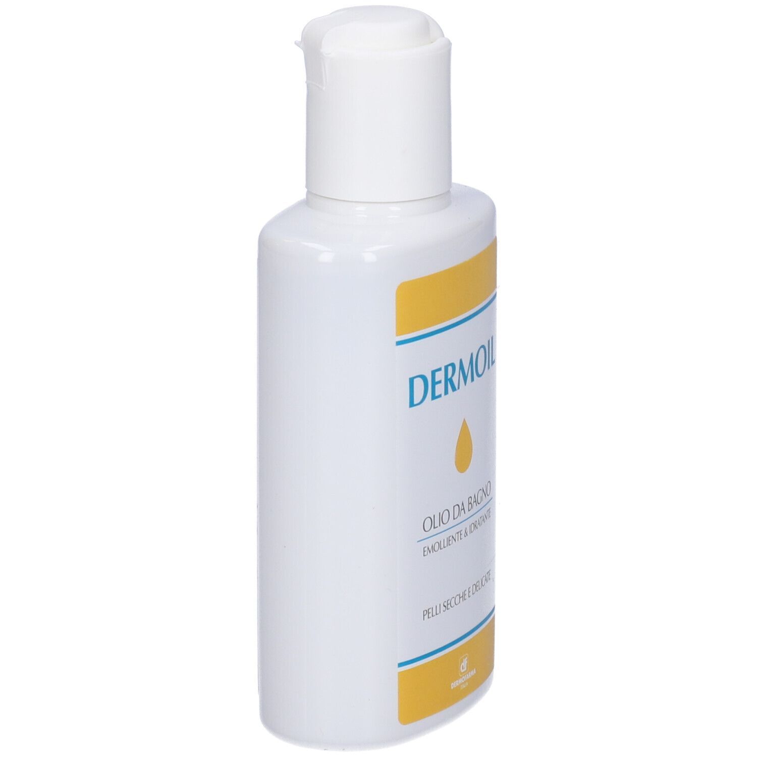 Flacone bianco con dettagli gialli e tappo bianco. Scritta: Dermoil.