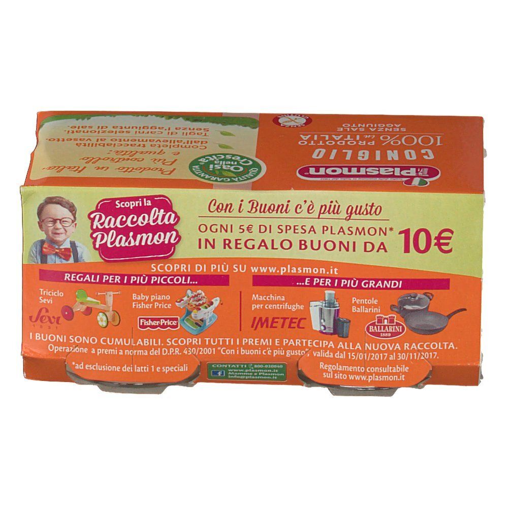 Kartonverpackung mit Babynahrung. Aufdrucke: Plasmon, Coniglio. Werbung für Sammelaktion mit Spielzeug.