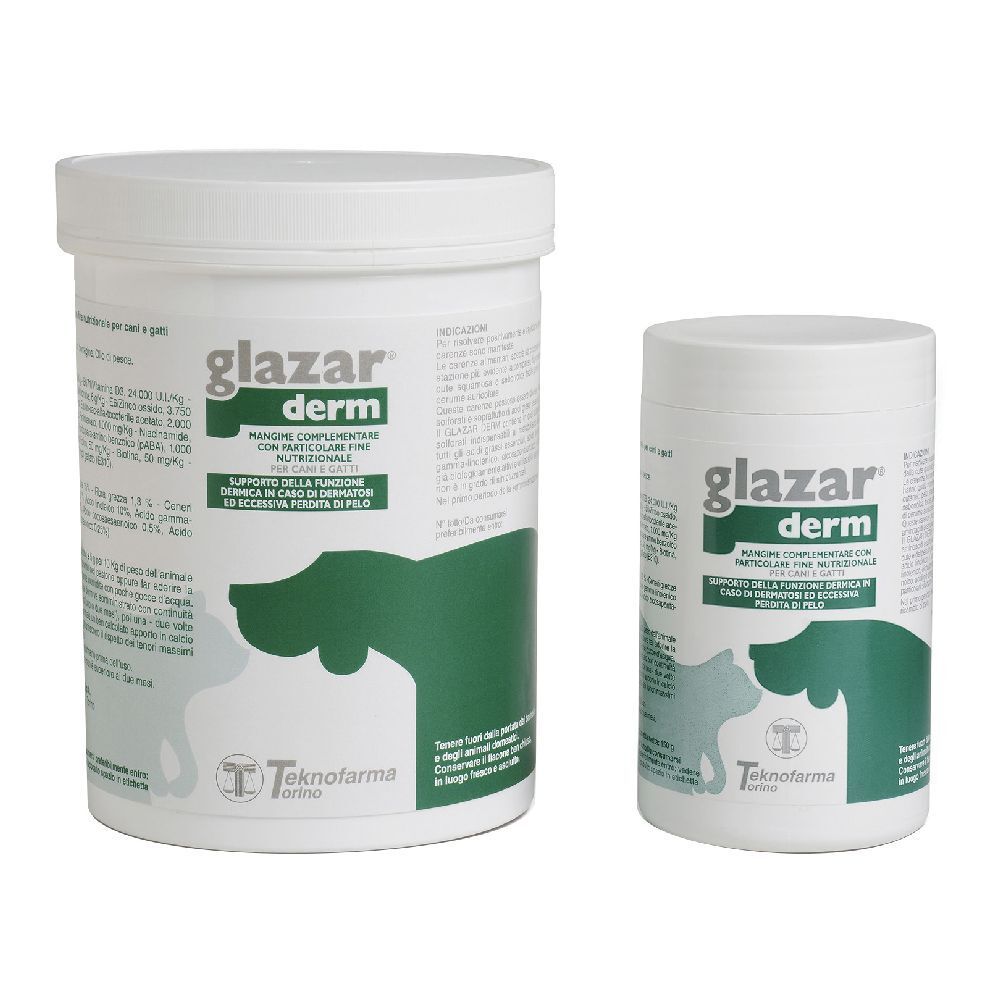 Due barattoli bianchi con coperchi. "glazar derm" sulla confezione più grande.